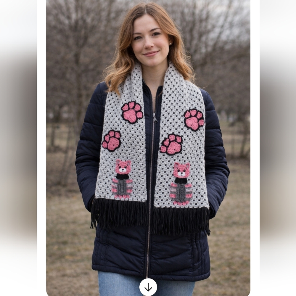 Handmade Crochet Cute Pink Paw Print Scarf